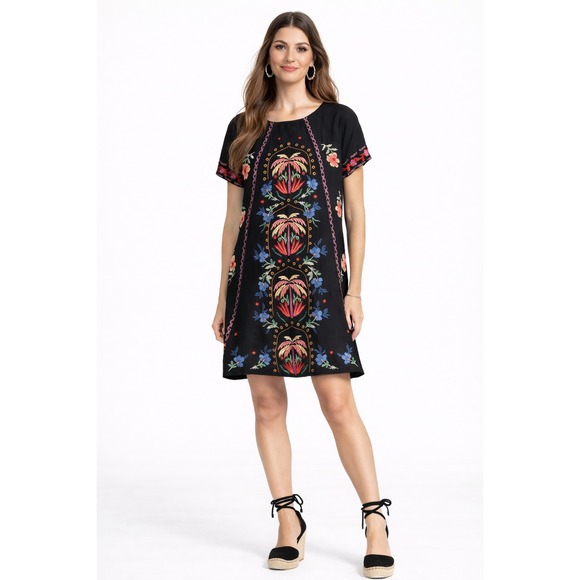 NWT Johnny Was Mini Dress Sz S Black Embroidered Floral Boho Gauzy MSRP $340